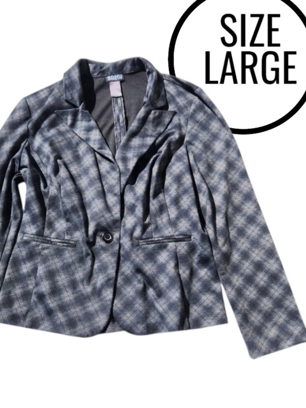 SOHO Apparel Women's Jacket Blazer Gray Black Plaid Size L Large 1-Button Stretc